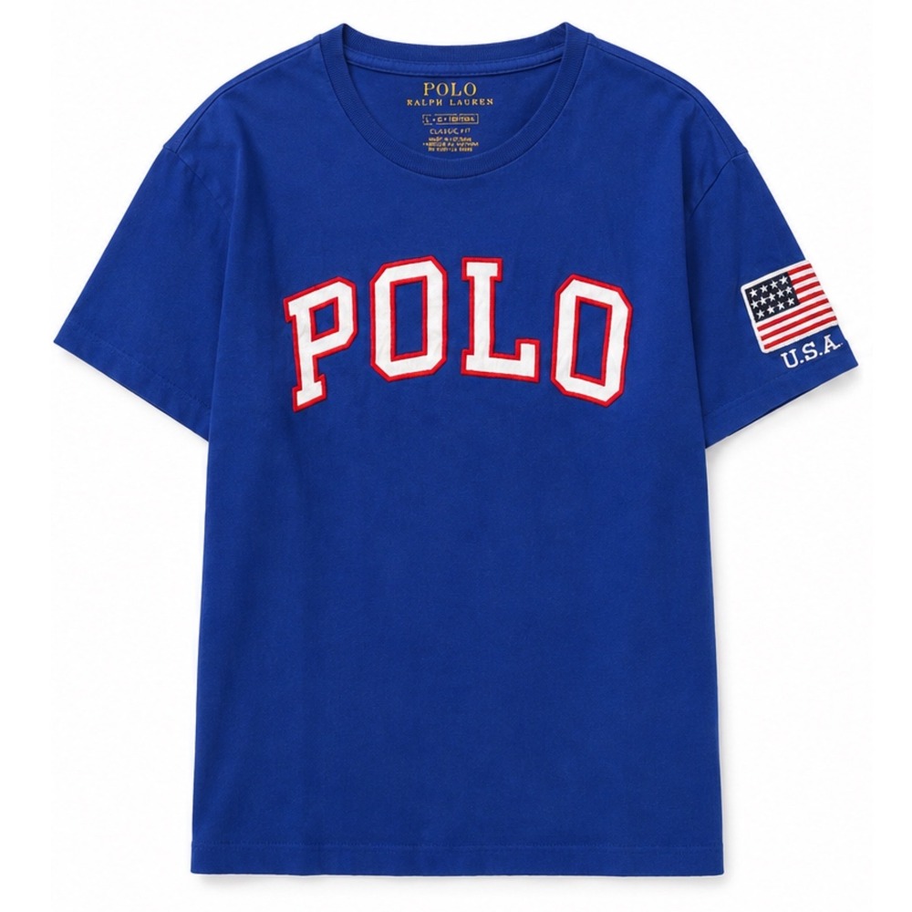 Polo Ralph Lauren Mens Blue Graphic Tee USA Flag Varsity Collegiate Large